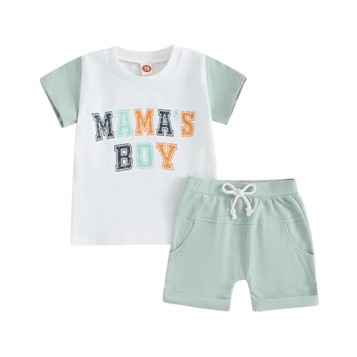 Mesalynch Kleinkind Baby Jungen Sommer Bekleidungsset MAMA'S BOY Kleidung Set 2 Stück Kurzarm Pullover T-Shirt Hemd Elastische Taille Kurze Hosen Jungen Tägliche Loungewear (Grün, 6-12 Months) von Mesalynch