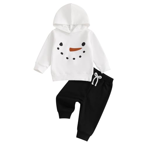 Mesalynch Kleinkind Baby Jungen Weihnachten Bekleidungsset 2 STÜCKE Langarm Schneemann Hoodie Sweatshirt Schwarz Lange Hosen Kleidung Set Baby Kapuzenoberteile Trainingsanzüge (Weiß, 12-18 Months) von Mesalynch