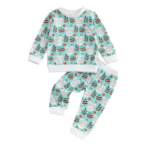 Mesalynch Kleinkind Baby Mädchen Jungen Ostern Trainingsanzüge 2PCS Set Langarm Buchstaben Ostern Hase Eier Druck Sweatshirt Elastische Taille Lange Hose Baby Ostern Bekleidungsset (Blau, 3-6 Months) von Mesalynch