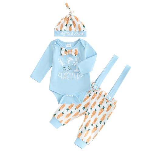 Mesalynch Neugeborene Baby Jungen Mein Erstes Ostern Bekleidungsset 3pcs Langarm Osterhase Buchstaben Mein Erster Ostern Druck Strampler Body Spaghettiträger Lange Hose Mit Hut (Blau, 0-3 Months) von Mesalynch