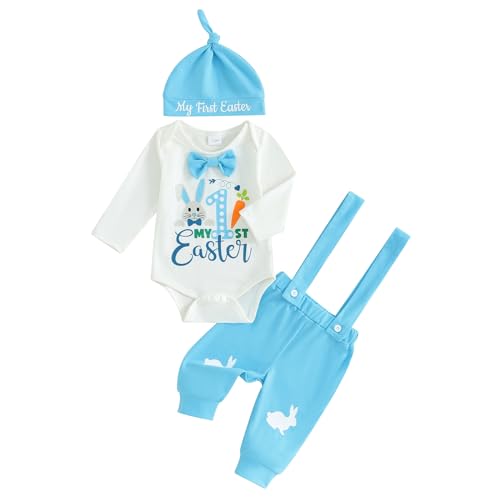 Mesalynch Neugeborene Baby Jungen Mein Erstes Ostern Bekleidungsset 3pcs Langarm Osterhase Buchstaben Mein Erster Ostern Druck Strampler Body Spaghettiträger Lange Hose Mit Hut (Weiß, 6-12 Months) von Mesalynch