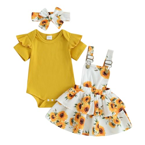 Mesalynch Neugeborenes Baby Mädchen Blumen Bekleidungsset 3pcs Strampler Rock Set Kurzarm Rüschen Schulter Strampler Strapse Tutu Rock mit Stirnband Mädchen Sommer Kleidung (Gelb4, 0-3 Monate) von Mesalynch