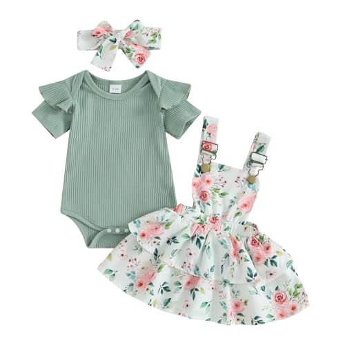 Mesalynch Neugeborenes Baby Mädchen Blumen Bekleidungsset 3pcs Strampler Rock Set Kurzarm Rüschen Schulter Strampler Strapse Tutu Rock mit Stirnband Mädchen Sommer Kleidung (Grün4, 12-18 Monate) von Mesalynch