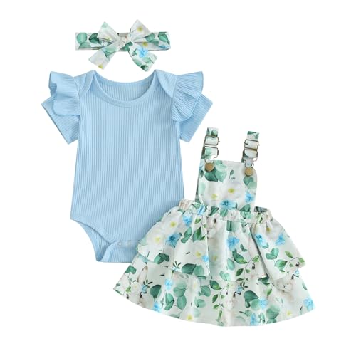 Neugeborenes Baby Mädchen Oster Bekleidungsset 3 Stücke Strampler Rock Set Kurzarm.Rüschen Schulter Strampler Strapse Tutu Hasenrock mit Stirnband Mädchen Ostern Kleidung (Blau , 18-24 Months ) von Mesalynch