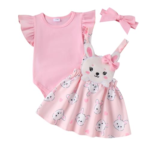 Neugeborenes Baby Mädchen Oster Bekleidungsset 3 Stücke Strampler Rock Set Kurzarm.Rüschen Schulter Strampler Strapse Tutu Hasenrock mit Stirnband Mädchen Ostern Kleidung (Rosa 4 , 9-12 Months ) von Mesalynch