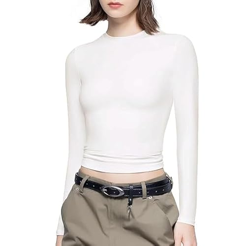 Damen Casual Crop Tops Slim Fit Doppelt Gefüttert Top Rundhals Langarm Enges T-Shirt Basic Bluse T-Shirts(Perlweiß) von Mesaro