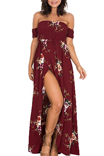 Mescara Damen Sommerkleid Maxi Strand Kleid für Hochzeit mit Blumen schulterfrei Split Chiffon (S, Rot) von Mescara