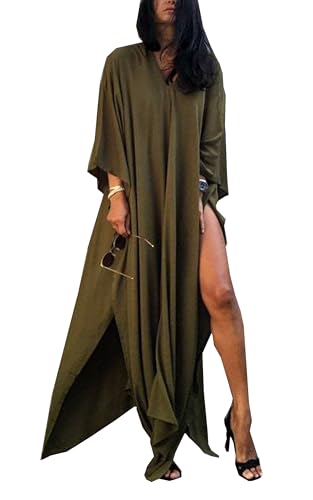 Mesduri Damen Kaftan Kleid Langes Maxikleid V-Ausschnitt Kurzarm Fledermausärmeln Seitenschlitz Oversize Strandkleid (DE/NL/SE/PL, Alphanumerisch, Einheitsgröße, Große Größen, Regular, Army Grün) von Mesduri