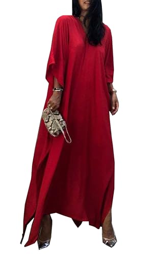 Mesduri Damen Kaftan Kleid Langes Maxikleid V-Ausschnitt Kurzarm Fledermausärmeln Seitenschlitz Oversize Strandkleid (DE/NL/SE/PL, Alphanumerisch, Einheitsgröße, Große Größen, Regular, Rot) von Mesduri
