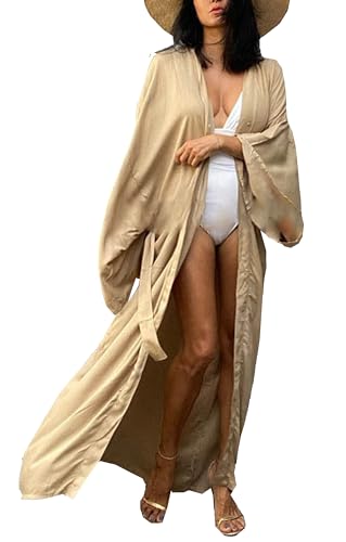 Mesduri Damen Kimono Cardigan Bodenlanger Strandmantel Übergroße Strandkleid Weite Ärmel Loungewear mit Gürtel Sommer (DE/NL/SE/PL, Alphanumerisch, Einheitsgröße, Regular, Regular, Aprikose) von Mesduri
