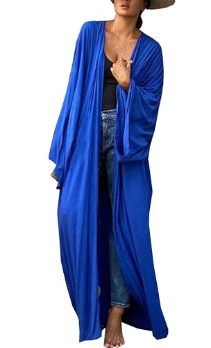 Mesduri Damen Kimono Cardigan Bodenlanger Strandmantel Übergroße Strandkleid Weite Ärmel Loungewear mit Gürtel Sommer (DE/NL/SE/PL, Alphanumerisch, Einheitsgröße, Regular, Regular, Königsblau) von Mesduri