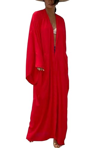 Mesduri Damen Kimono Cardigan Bodenlanger Strandmantel Übergroße Strandkleid Weite Ärmel Loungewear mit Gürtel Sommer (DE/NL/SE/PL, Alphanumerisch, Einheitsgröße, Regular, Regular, Rot) von Mesduri