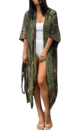 Mesduri Damen Kimono Cardigan Kurzarm Open Front Tie Dye Print Strand Poncho Beachwear mit Gürtel (DE/NL/SE/PL, Alphanumerisch, Einheitsgröße, Regular, Regular, Army Green) von Mesduri