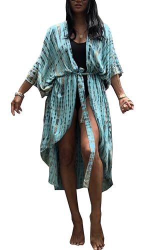 Mesduri Damen Kimono Cardigan Kurzarm Open Front Tie Dye Print Strand Poncho Beachwear mit Gürtel (DE/NL/SE/PL, Alphanumerisch, Einheitsgröße, Regular, Regular, Blau Gelb) von Mesduri