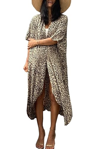 Mesduri Damen Kimono Cardigan Kurzarm Open Front Tie Dye Print Strand Poncho Beachwear mit Gürtel (DE/NL/SE/PL, Alphanumerisch, Einheitsgröße, Regular, Regular, Gelbe Leopardenpunkte) von Mesduri