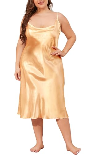 Mesduri Damen Satin Nachtkleid Lange Große Größen Nachthemd Spaghettiträger Nachtwäsche Elegante Sommer Ärmelloses Negligees Schlafkleid (Champagner, 5XL) von Mesduri