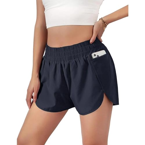 Mesing 2 in 1 Shorts Damen Sommer Kurze Sporthose Atmungsaktiv Elastisch Taille Laufshorts mit Tasche für Workout Yoga Radfahren Fitness DK2117W-DarkBlue-L von Mesing