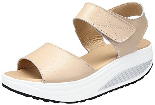 Mesing Damen Sandalen Plateau Leder Sommer Orthopädische Sandalen Bequeme Peep Toe Sandaletten Platform Wedges LX366-Beige-EU37 von Mesing