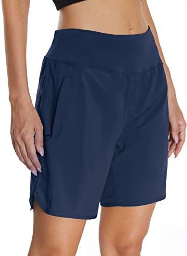 Mesing Damen Sporthose Kurz Laufhose High Waist Sport Shorts Atmungsaktiv Fitness Kurze Hose mit Innenslip und Reißverschlusstasche Hinten DK3085W-Blue-2XL von Mesing