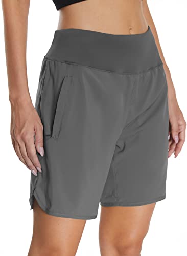 Mesing Damen Sporthose Kurz Laufhose High Waist Sport Shorts Atmungsaktiv Fitness Kurze Hose mit Innenslip und Reißverschlusstasche Hinten DK3085W-Grey-XL von Mesing