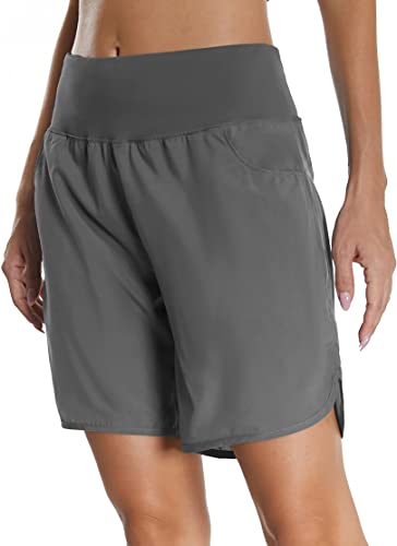 Mesing Damen Sporthose Kurz Laufhose High Waist Sport Shorts Atmungsaktiv Fitness Kurze Hose mit Innenslip und Reißverschlusstasche Hinten DK3095W-Grey-2XL von Mesing