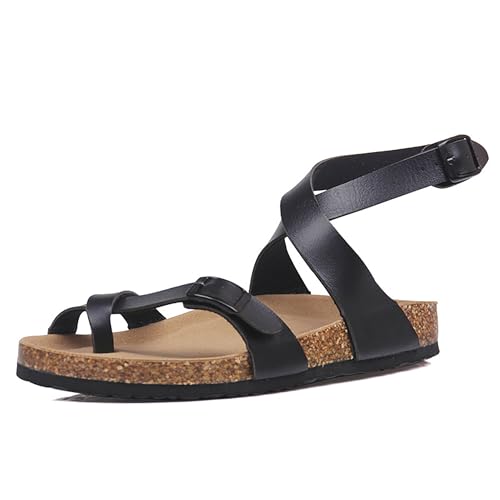 Mesing Pantoletten Sandalen Damen mit Natur Kork Fussbett Wildleder Zehentrenner Rutschfest Sommer Flach Römersandalen mit Verstellbarer Knöchelriemen XZH7-Black-EU41 von Mesing