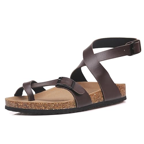 Mesing Pantoletten Sandalen Damen mit Natur Kork Fussbett Wildleder Zehentrenner Rutschfest Sommer Flach Römersandalen mit Verstellbarer Knöchelriemen XZH7-Brown-EU38 von Mesing