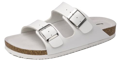 Mesing Pantoletten Slide Damen Herren mit Kork Fussbett Bequeme Orthopädische Sandalen Sommer Flach Hausschuhe mit Verstellbarer Rieme XZ490-White-EU39 von Mesing
