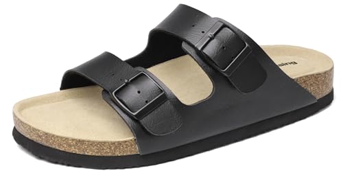 Mesing Pantoletten Slide Damen Herren mit Kork Fussbett Bequeme Orthopädische Sandalen Sommer Flach Hausschuhe mit Verstellbarer Rieme XZ490-Black-EU44 von Mesing