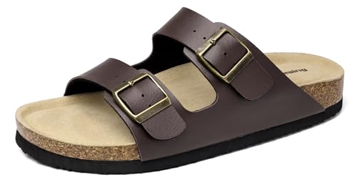 Mesing Pantoletten Slide Damen Herren mit Kork Fussbett Bequeme Orthopädische Sandalen Sommer Flach Hausschuhe mit Verstellbarer Rieme XZ490-Brown-EU37 von Mesing
