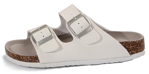 Mesing Pantoletten Slide Damen mit Natur Kork Fussbett Bequeme Orthopädische Sandalen Sommer Flach Hausschuhe mit Verstellbarer Rieme XZ480-White-EU39 von Mesing