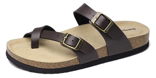 Mesing Pantoletten Zehentrenner Damen Herren mit Kork Fussbett Bequeme Orthopädische Slide Sandalen Flach Sommer Hausschuhe mit Verstellbare Schnalle XZ901-Brown-EU38 von Mesing