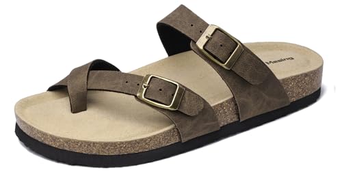 Mesing Pantoletten Zehentrenner Damen Herren mit Kork Fussbett Bequeme Orthopädische Slide Sandalen Flach Sommer Hausschuhe mit Verstellbare Schnalle XZ901-RetroCamel-EU44 von Mesing