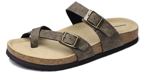 Mesing Pantoletten Zehentrenner Damen Herren mit Kork Fussbett Bequeme Orthopädische Slide Sandalen Flach Sommer Hausschuhe mit Verstellbare Schnalle XZ901-RetroGrey-EU37 von Mesing