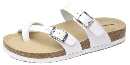 Mesing Pantoletten Zehentrenner Damen Herren mit Kork Fussbett Bequeme Orthopädische Slide Sandalen Flach Sommer Hausschuhe mit Verstellbare Schnalle XZ901-White-EU36 von Mesing