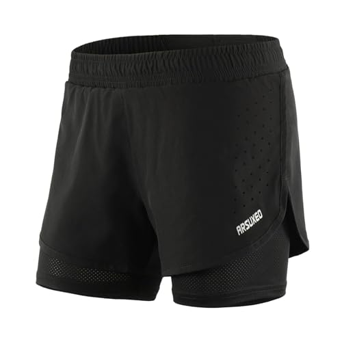 Mesing Sporthose Damen Kurz 2 in 1 Sport Shorts Sommer Schnürsenkel Atmungsaktiv Laufshorts Kurze Hosen für Workout Yoga Radfahren Fitness DKB1001W-Black-M von Mesing