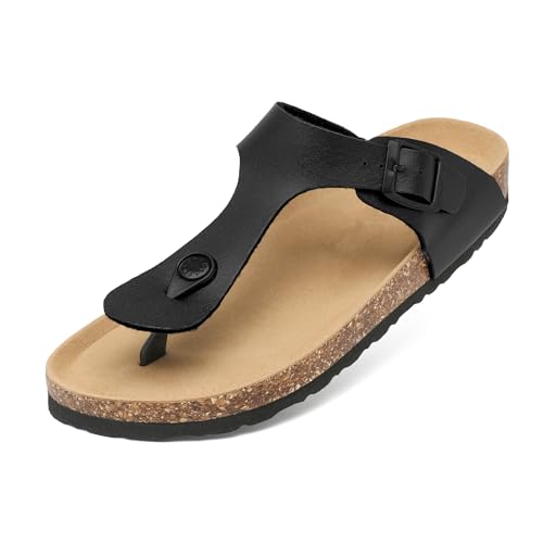 Mesing Zehentrenner Pantoletten Damen mit Natur Kork Fussbett Wildleder Flip Flops Rutschfest Sommer Slip On Flach Sandalen mit Verstellbare Schnalle XZ406-Black-EU38 von Mesing