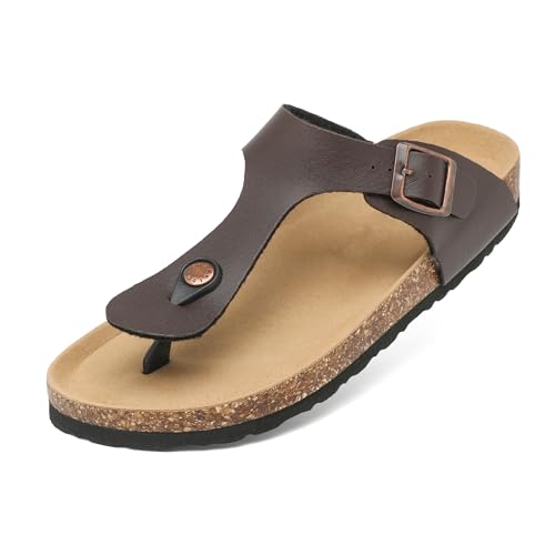 Mesing Zehentrenner Pantoletten Damen mit Natur Kork Fussbett Wildleder Flip Flops Rutschfest Sommer Slip On Flach Sandalen mit Verstellbare Schnalle XZ406-Brown-EU37 von Mesing