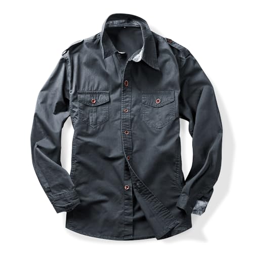 Herren Jungen Button-Down-Hemd Langarm Militär Casual Style Cargo Taktische Arbeitshemd, grau dunkel, L von Mesinsefra