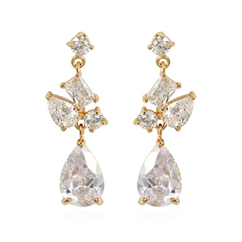18K Gold Ohrringe, Damen Ohrhänger aus 18 Karat Gelbgold Blatt mit tropfenförmigem Moissanit von Mesnt
