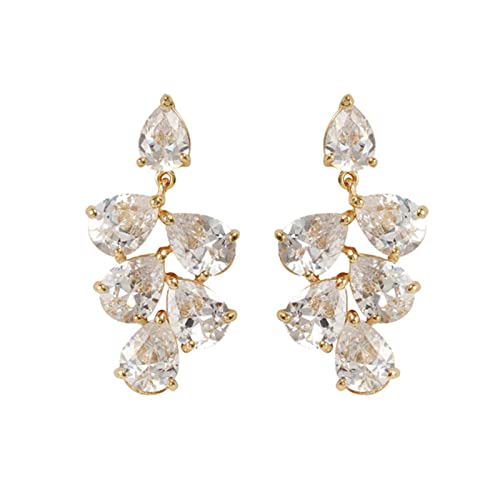 18K Gold Ohrringe, Frauen Ohrhänger aus 18 Karat Gelbgold Blatt mit birnenförmigem Moissanit von Mesnt