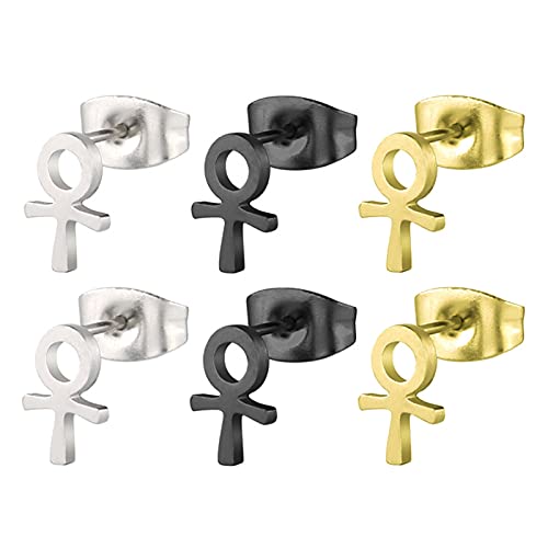 3 Paar Herren Ohrringe Edelstahl Ankh Ohrstecker für Männer 8mm Ohrstecker Silber Schwarz Gold von Mesnt