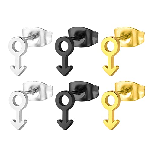 3 Paar Ohrringe für Damen Herren Edelstahl Männliches Symbol für Männer Frauen Ohrstecker Silber/Schwarz/Gold von Mesnt
