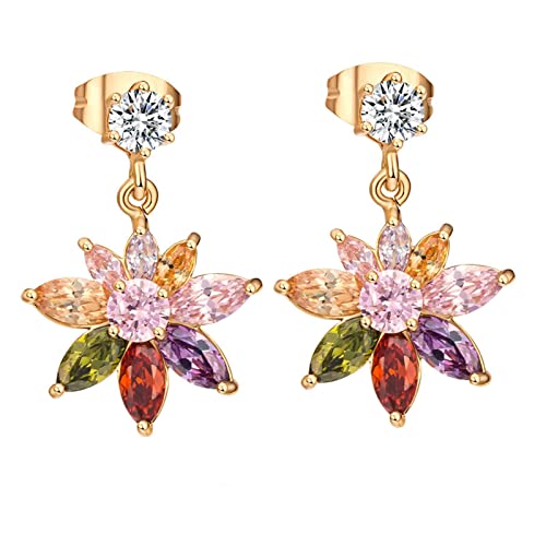 585 Gold Ohrringe, Damen Ohrhänger aus 14 Karat Gelbgold Blütenform mit Amethyst, rosa Kristall, Granat und Citrin von Mesnt