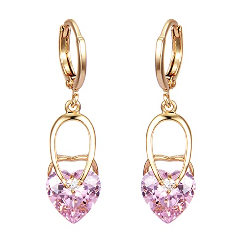 585 Gold Ohrringe, Damen Ohrhänger aus 14 Karat Gelbgold mit herzförmigem rosa Kristall und Moissanit von Mesnt