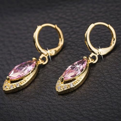 585 Gold Ohrringe, Damen Ohrhänger aus 14 Karat Gelbgold mit rosa Kristall in Marquise-Form und Moissanit von Mesnt