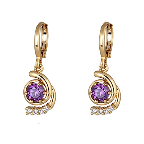 585 Gold Ohrringe, Damen Ohrhänger aus 14 Karat Gelbgold mit violettem, rundem Amethyst und Moissanit von Mesnt