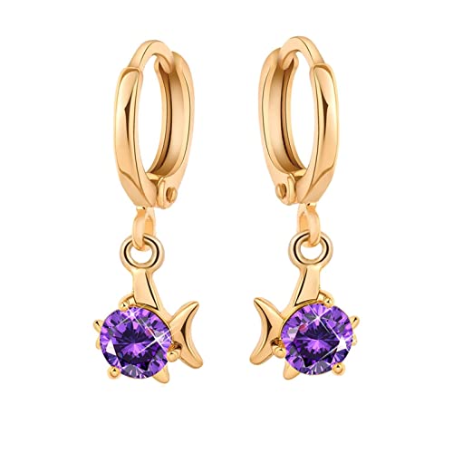 585 Gold Ohrringe, Frauen Ohrhänger aus 14 Karat Gelbgold Reifen- und Fischform mit Amethyst von Mesnt