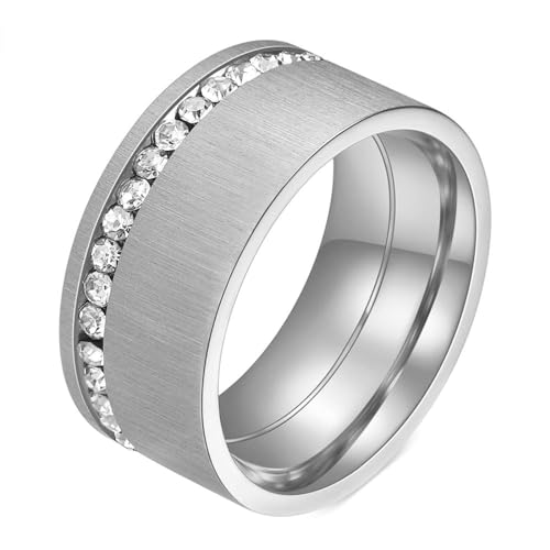 Damen Ringe Edelstahl, Gebürsteter Ring mit Ewigkeitskubik Zirkonia 10MM aus Chirurgenstahl für Männer Frauen Silber, Größe 57 (18.1) von Mesnt