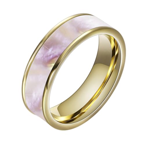 Edelstahl Ring Damen, 6MM Mode Ring mit Muschel Intarsien aus Chirurgenstahl für Frauen Gold, Größe 57 (18.1) von Mesnt